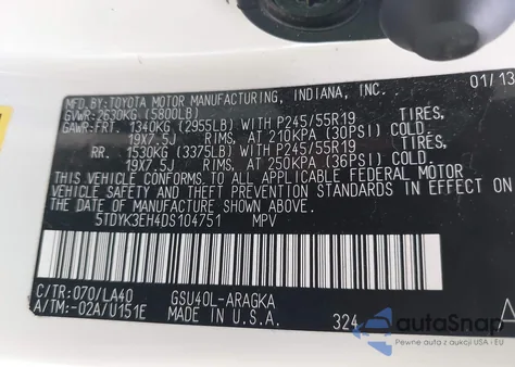 2013 Toyota Highlander Limited V6 from USA, damaged, VIN 5TDYK3EH4DS104751